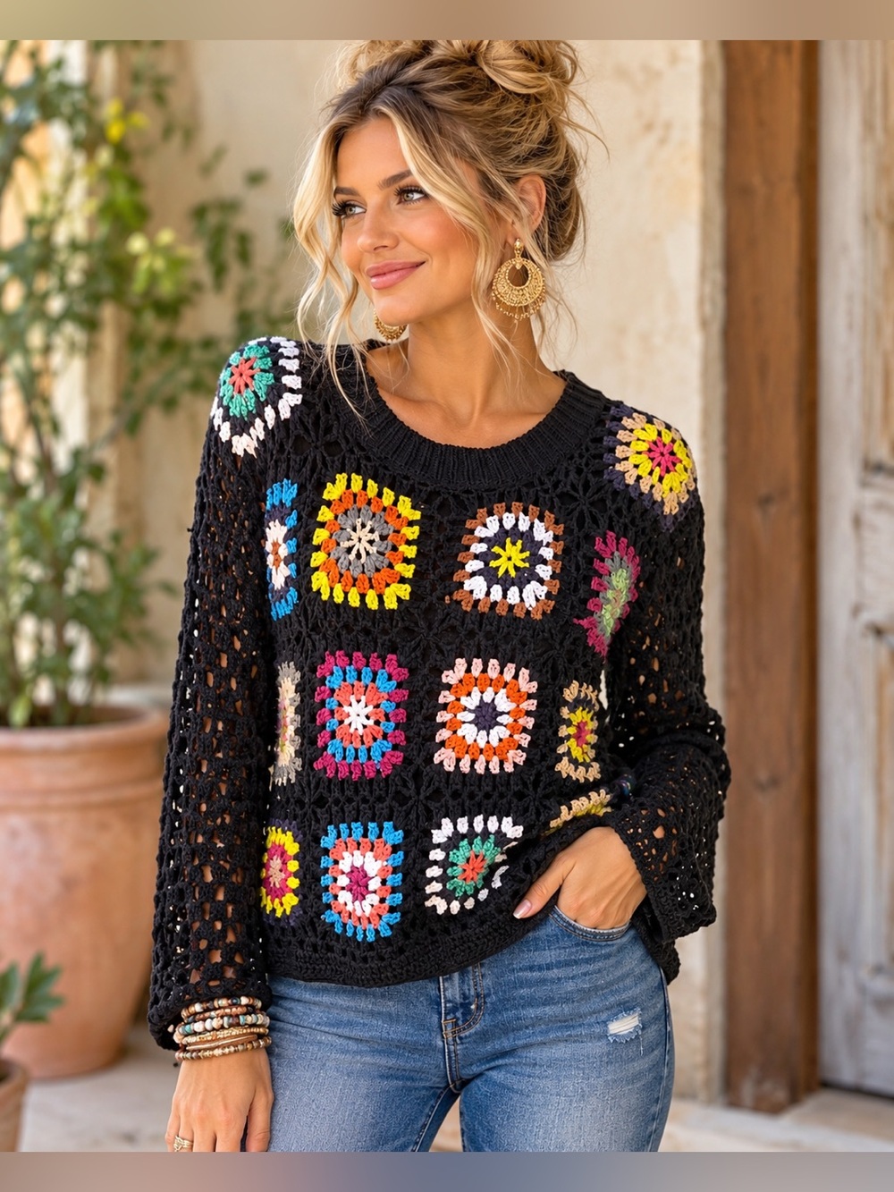 Debut Size L Black Crochet Granny Square Sweater Top Boho Open Knit